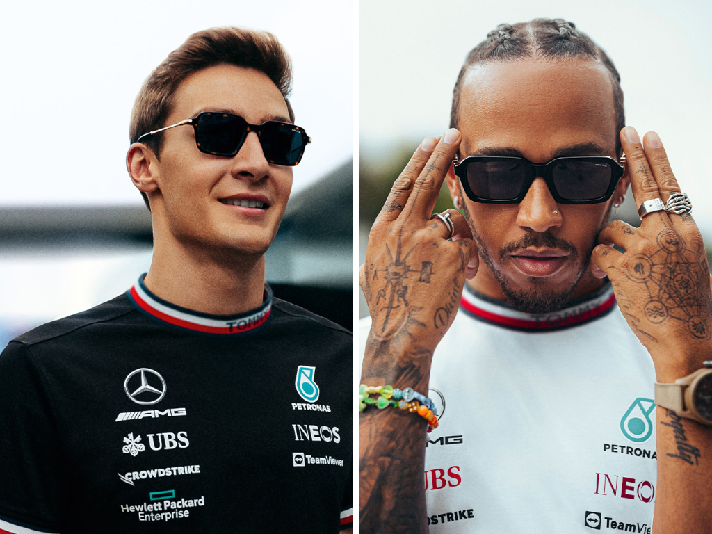 Die Mercedes Formel-1-Fahrer George Russell und Lewis Hamilton tragen Police-Brillen von De Rigo