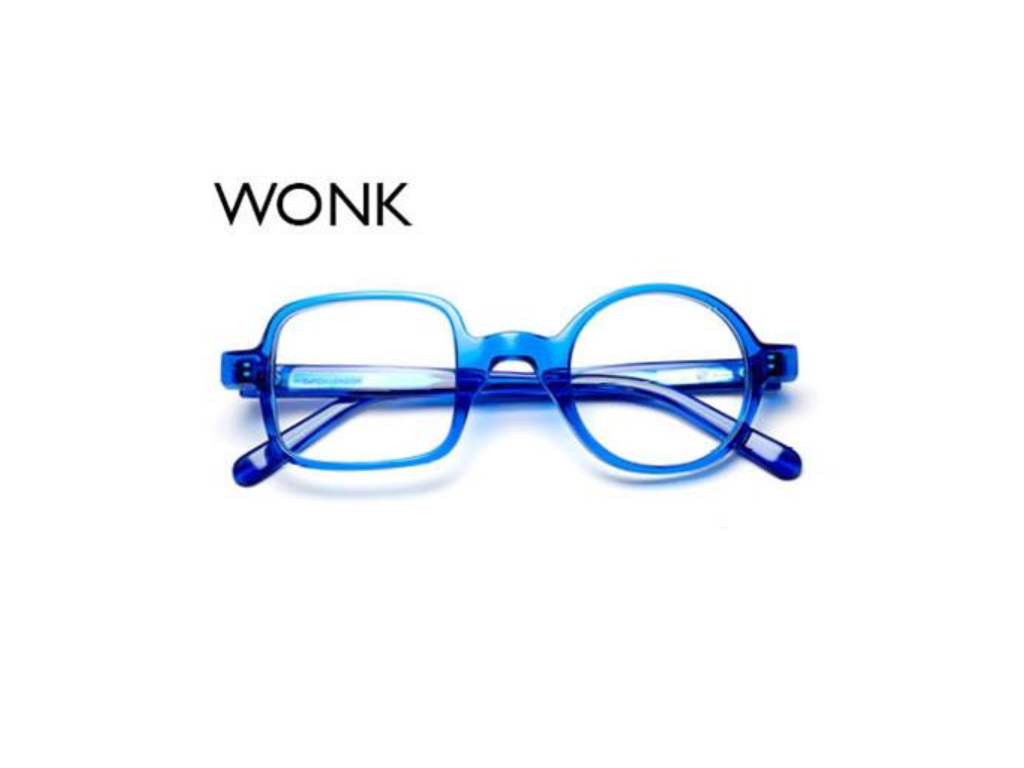 Brillen-Fassung Wonk aus blauem Kristall-Acetat mit asymmetrischen Design von Tom Davies