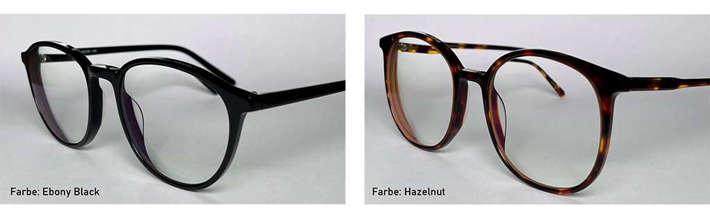 Abb. 3: Mit der Randbeschichtung können helle Reflexions- und Myopieringe durch geeignete Farbwahl „verschwinden“. Das Brillenglas wird nahezu „unsichtbar“ und es entsteht ein harmonischer Gesamteindruck der Brille. (Beispielbrillen mit -2 dpt)