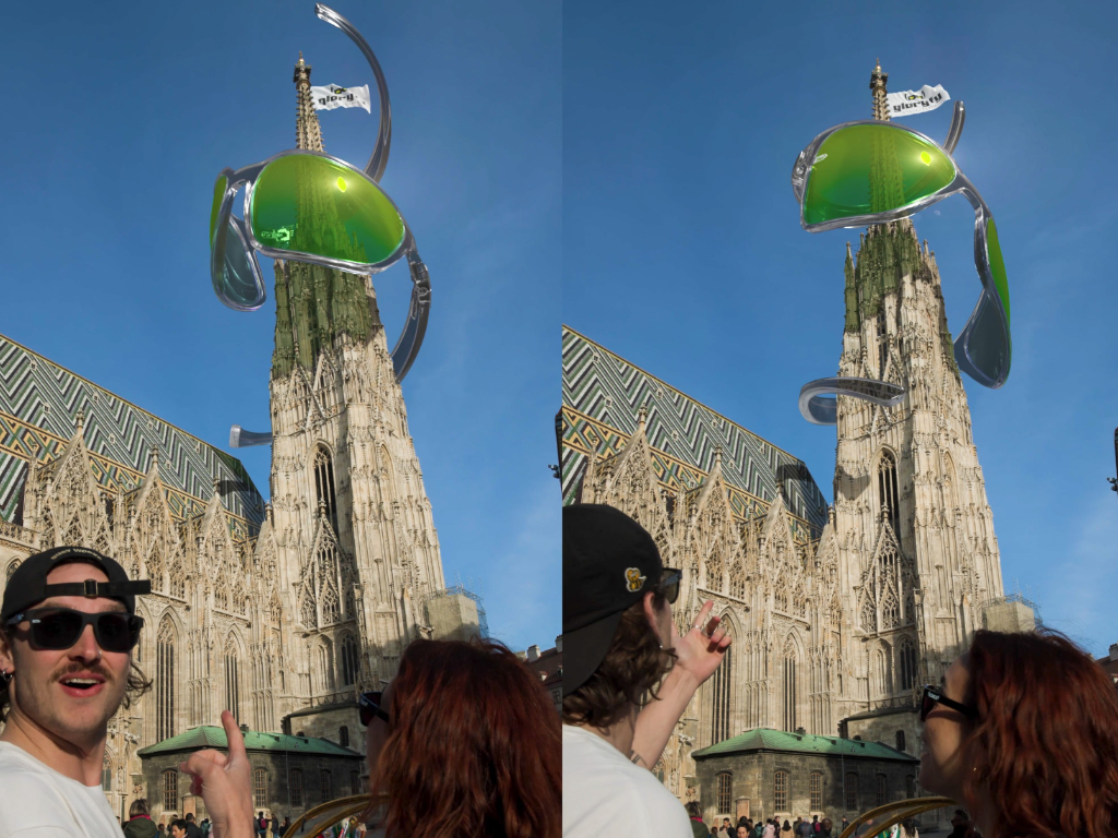 CGI-Inszenierung von Gloryfy Unbreakable, bei der sich eine Brille um den Wiener Stephansdom schlängelt mit Zuschauern im Vordergrund
