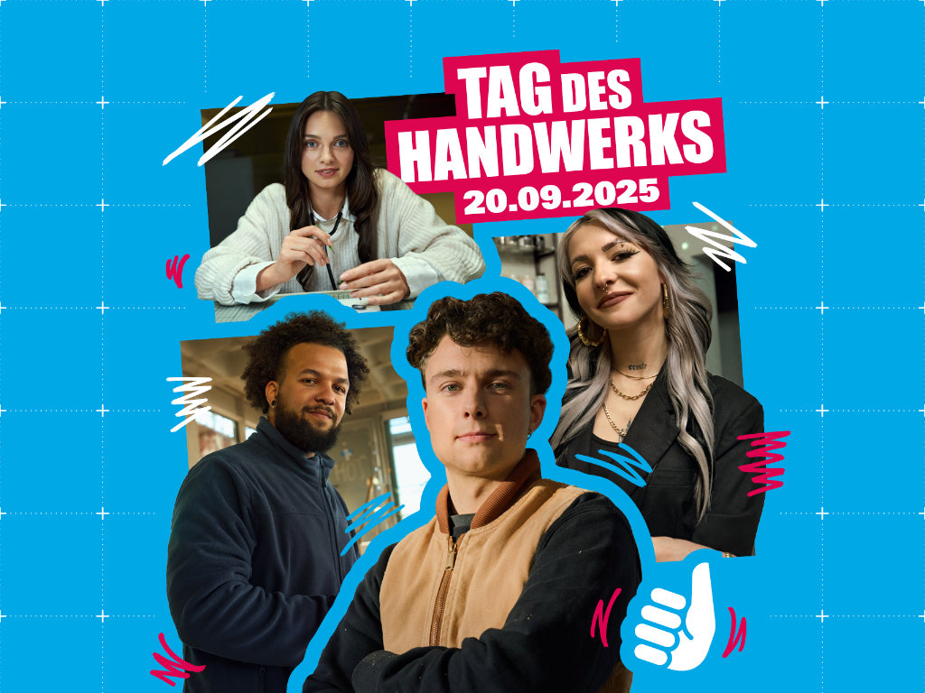 Keyvisual zum Tag des Handwerks 2025 zeigt 4 junge Handwerker