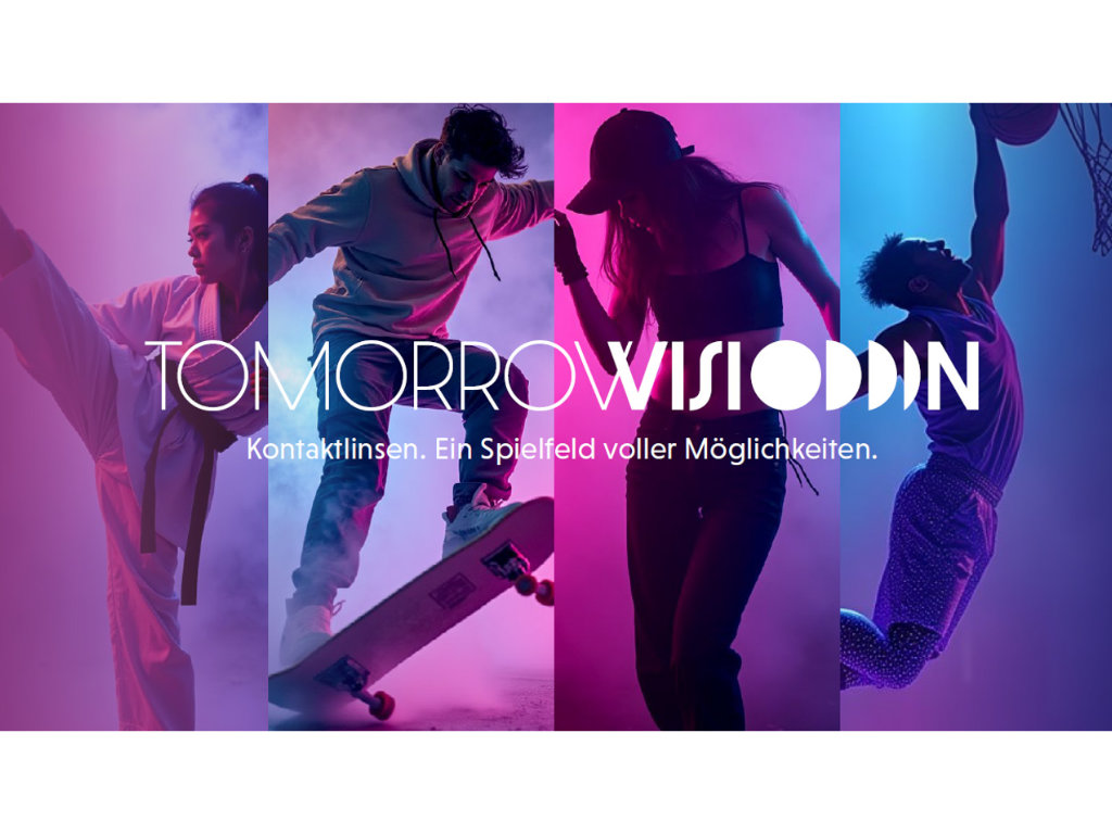 Keyvisual zu Tomorrow Vision 2026, einer Aktionsfläche führender Kontaktlinsenhersteller, auf der Fachmesse Opti