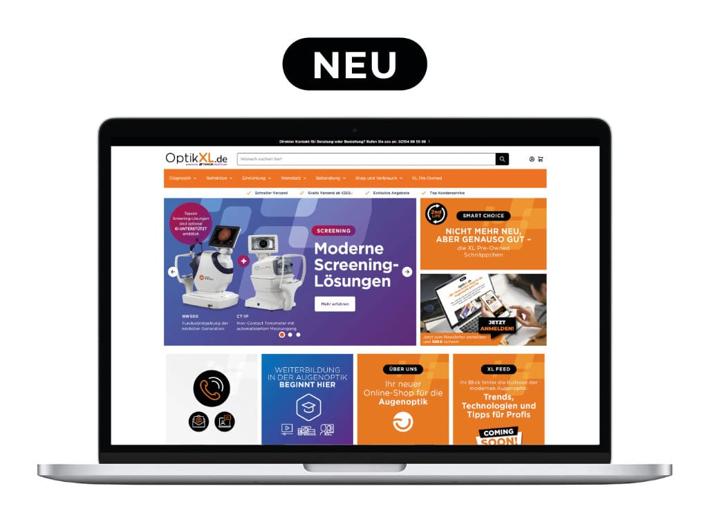 Mockup zeit Startseite der Omnichannel-Einkaufsplattform optikxl.de powered by Topcon Healthcare