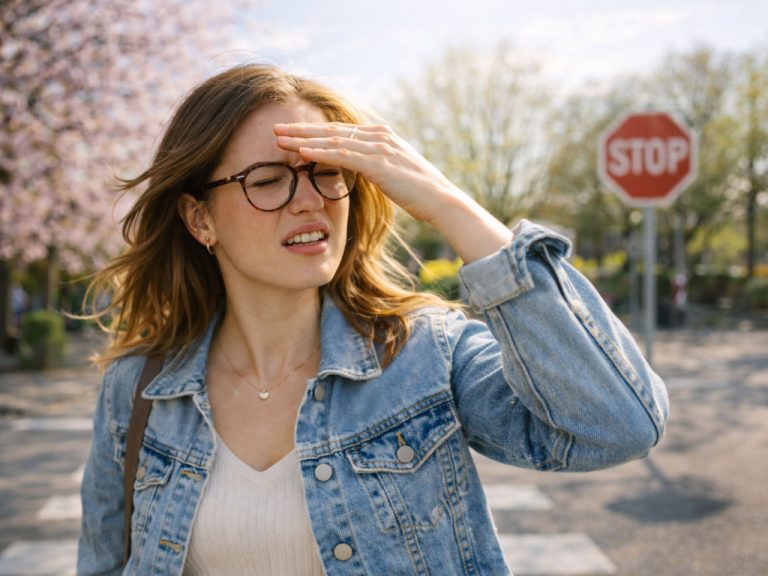 Frau mit Brille wird vom Licht auf der Straße geblendet