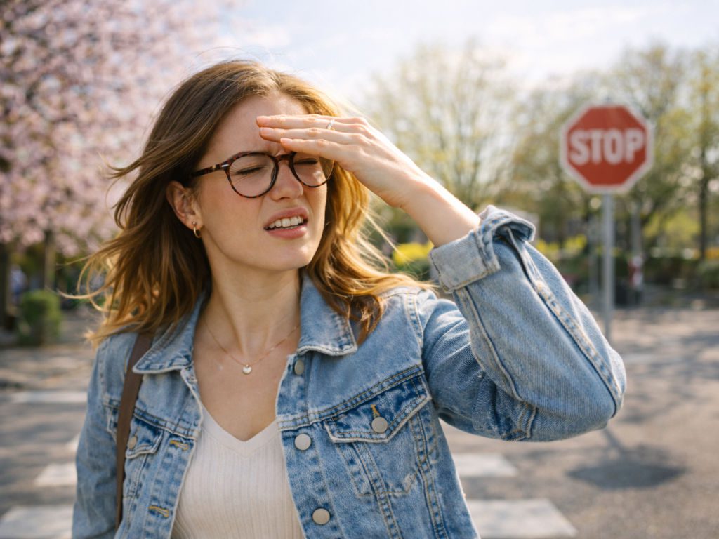 Frau mit Brille wird vom Licht auf der Straße geblendet