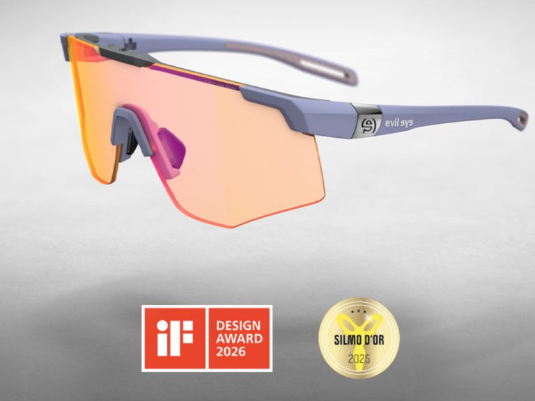 Evil eye Speedsense Sportbrille mit großflächiger, orange getönter Scheibe und schlankem Rahmen ist vor neutralem Hintergrund zu sehen, darunter die zwei Auszeichnungen iF Design Award und Silmo D´or als grafische Symbole
