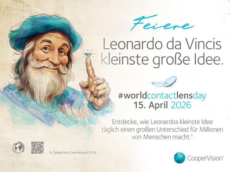 Illustration der historischen Figur Leonard da Vinci mit Kontaktlinse auf dem Finger und typografischer Hinweis auf den World Contact Lens Day 2026