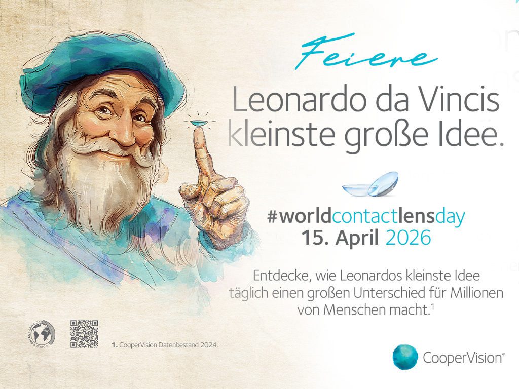 Illustration der historischen Figur Leonard da Vinci mit Kontaktlinse auf dem Finger und typografischer Hinweis auf den World Contact Lens Day 2026