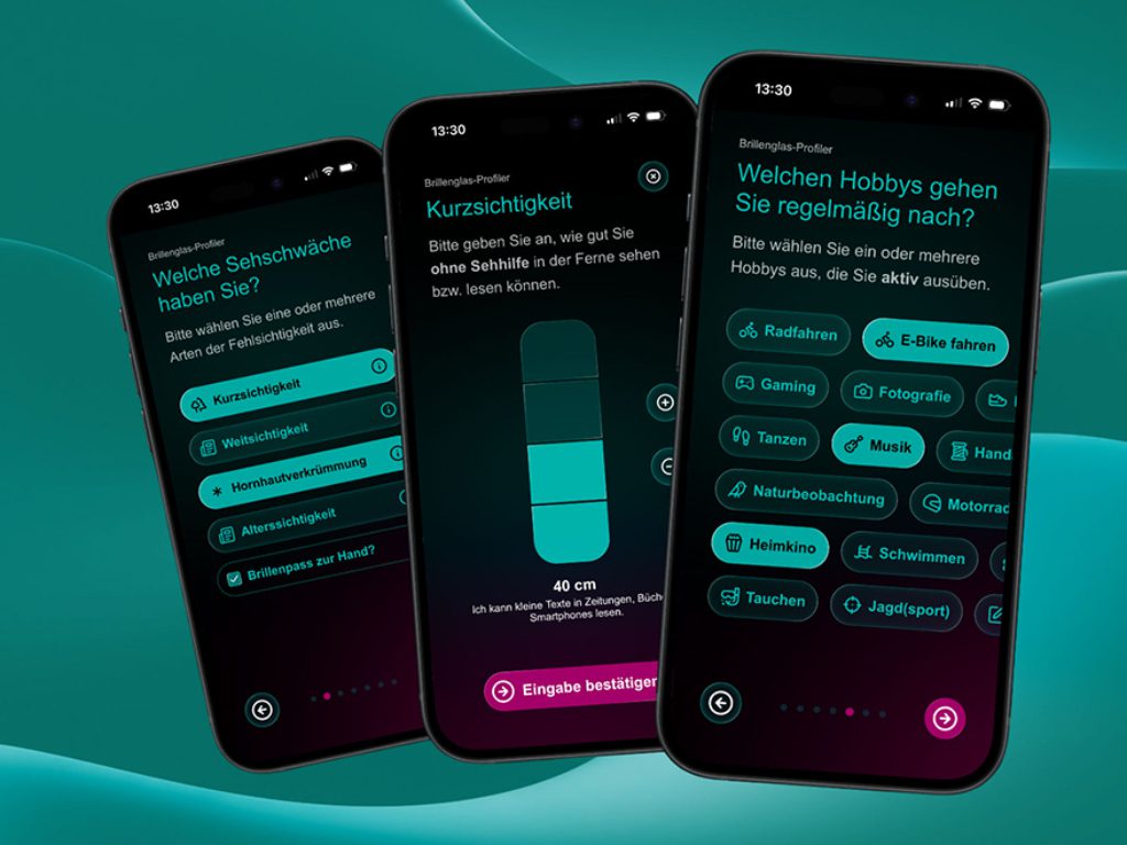 Drei Handy-Bildschirme zeigen die App Brillenglas-Profiler des Kuratorium Gutes Sehen