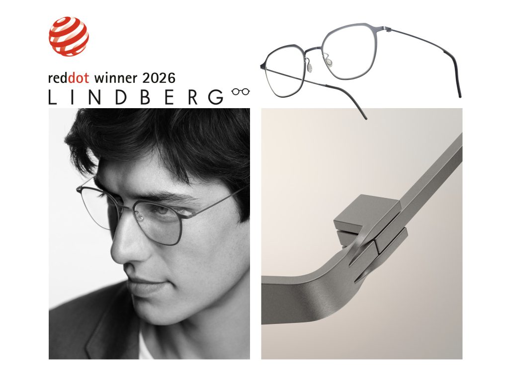 Grafik zum Red Dot Winner 2026 von Lindberg mit einer filigranen Titanbrille, einer Person mit randloser Brille und einer Detailaufnahme eines schraubenlosen Scharniers