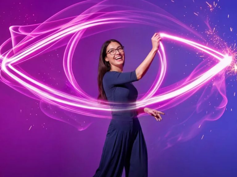 Eine Frau mit Brille steht vor einem violett‑farbenen Hintergrund und führt mit erhobener Hand eine leuchtend pinke Lichtspur, die sich in geschwungenen Formen um den Oberkörper zieht und ein Auge formt.