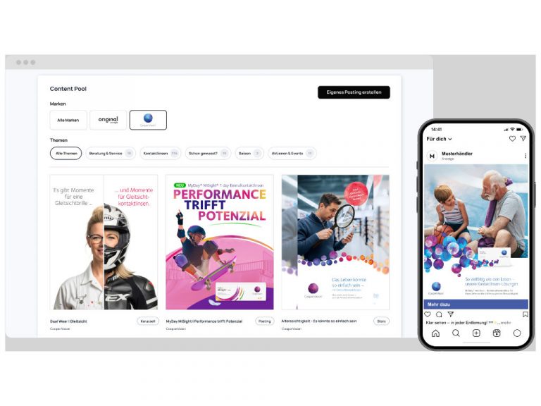 Nutzeroberfläche des Axregio-Social-Media-Marketing-Tools mit Inhalten von CooperVision