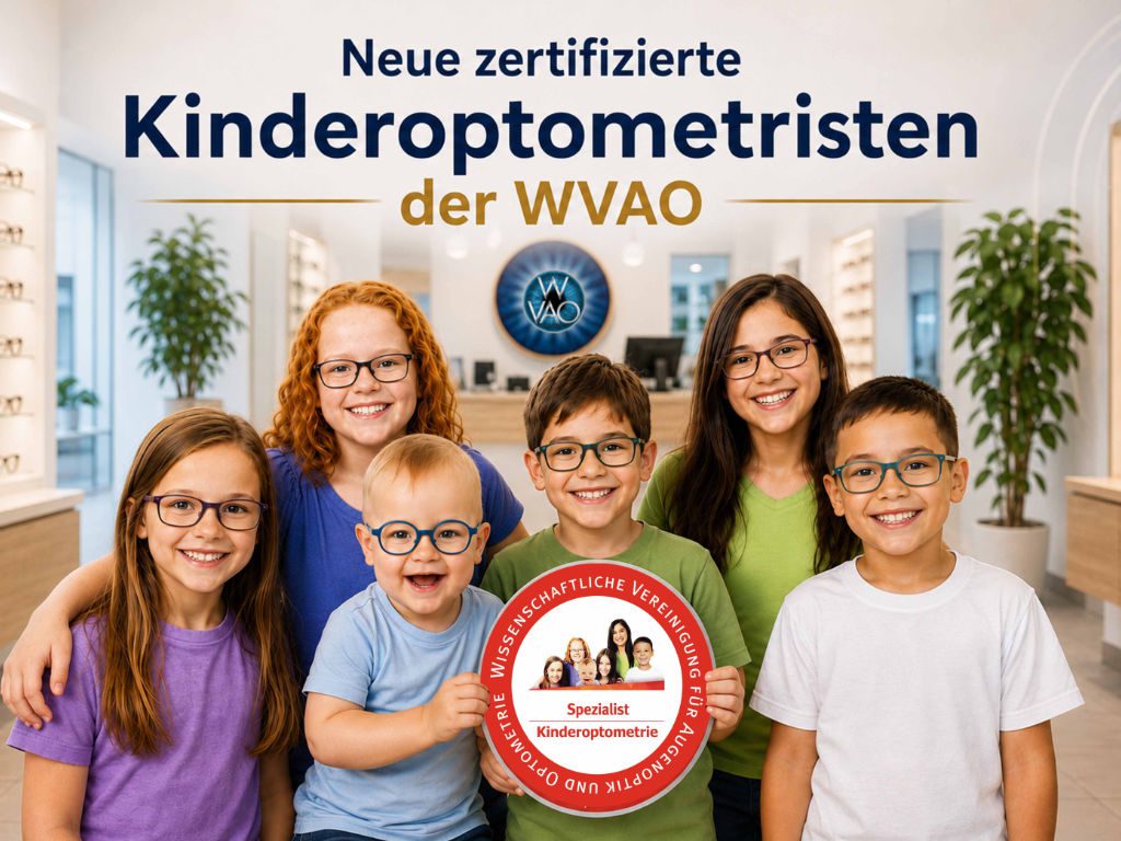 Kinder mit Brillen halten das Qualitätslabel „Spezialist für Kinderoptometrie“ der WVAO in der Hand