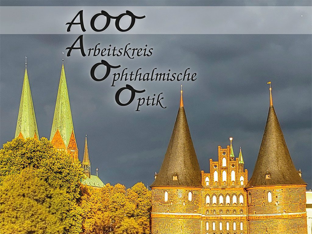 Eine Grafik mit Ansichten der Lübecker Altstadt und dem Holstentor weist auf das 34. Jahrestreffen des Arbeitskreises Ophthalmische Optik (AOO) vom 13. bis 15. November 2026 in Lübeck hin.