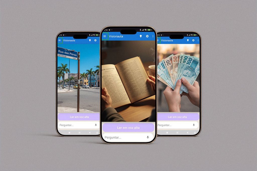 Drei Smartphones zeigen die App Visionauta bei unterschiedlichen Anwendungen, darunter das Erkennen von Straßenschildern, das Vorlesen von Texten und die Identifikation von Geldscheinen.